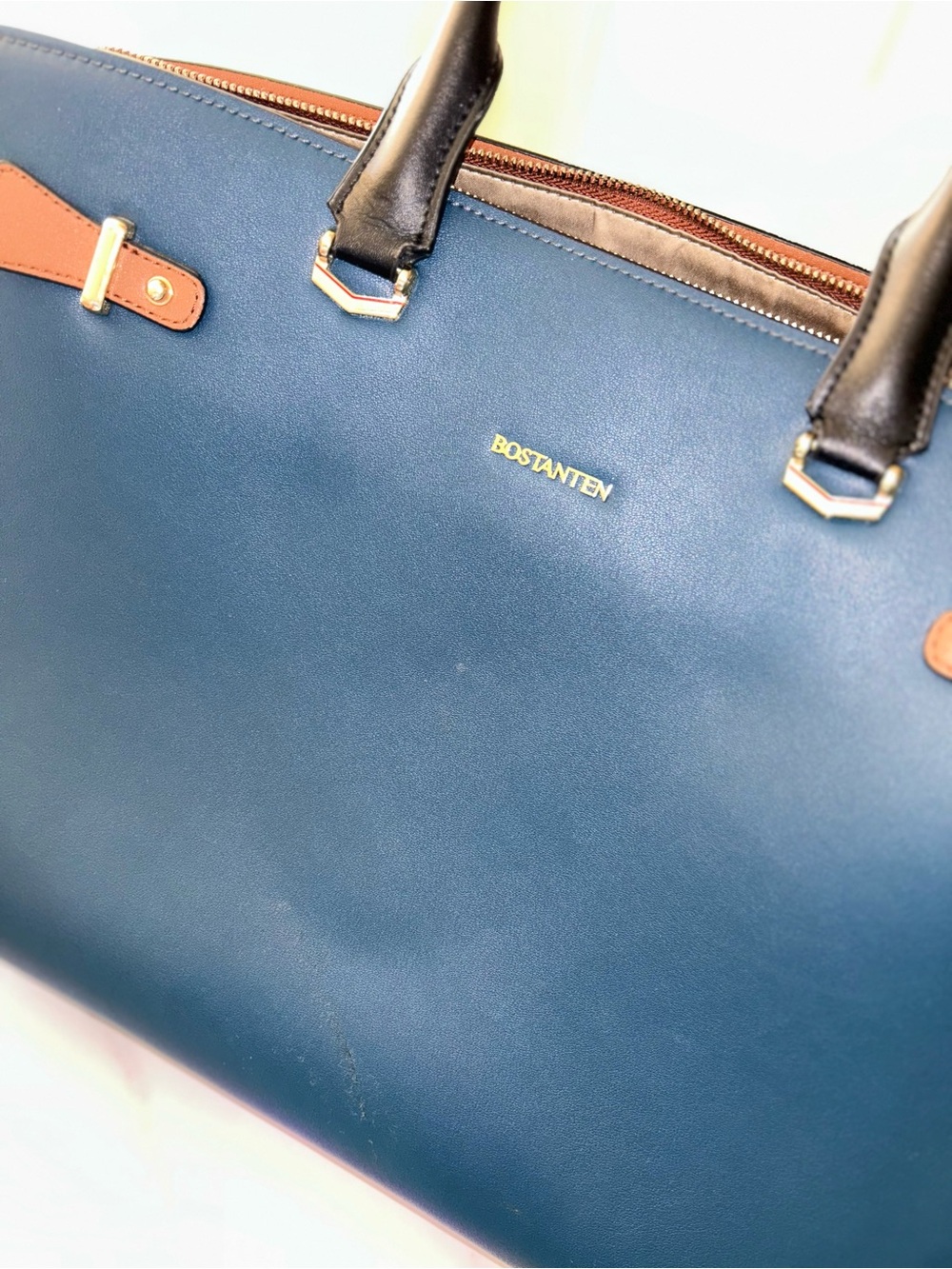 Bostanten Leather Laptop Tote Bag in Navy with Black Handles and Tan Trim/lining - Picture 8 of 15